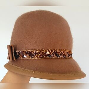 Jo Ann Wool Hat With Sequined band & bow.